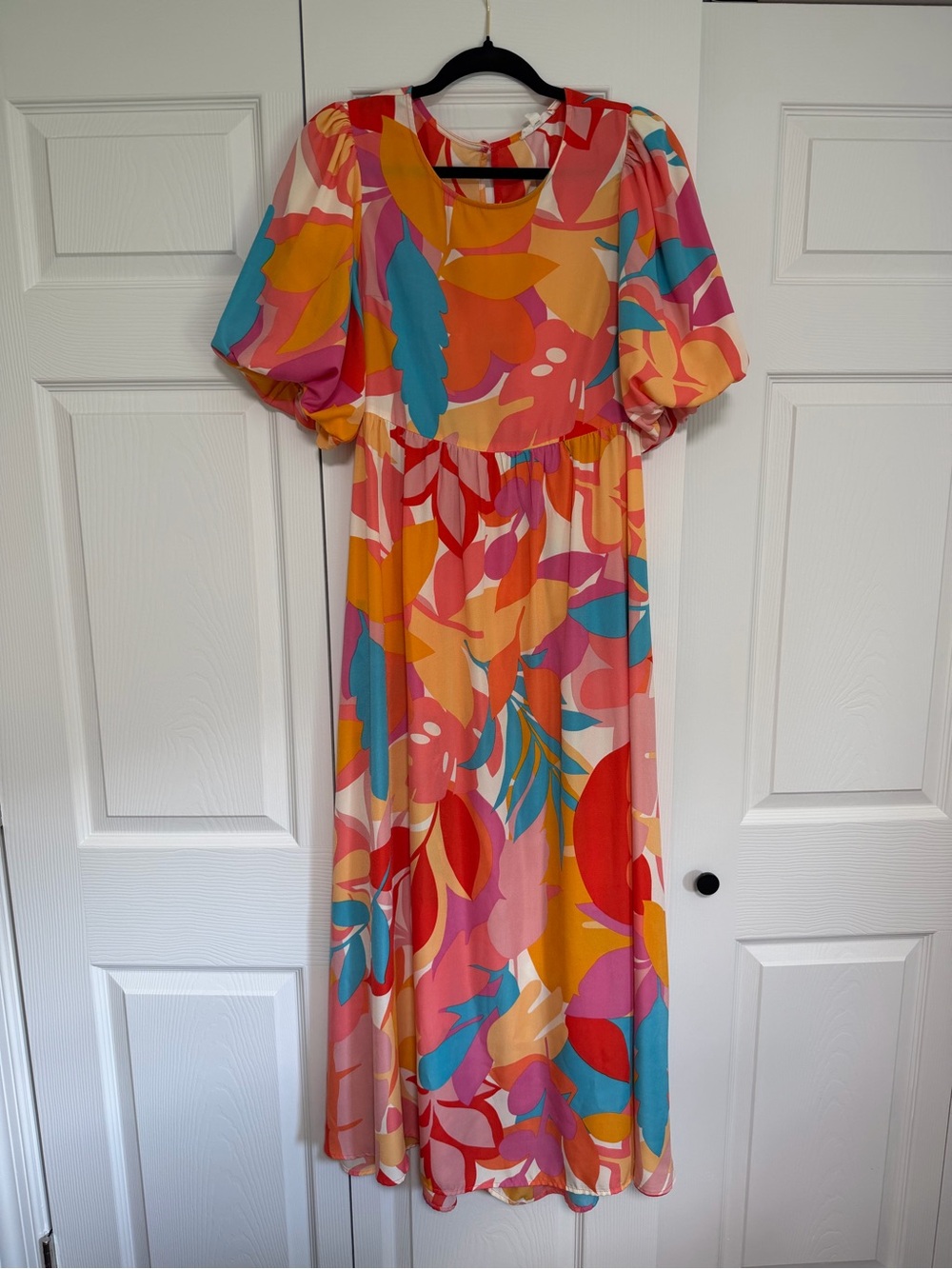 Vibrant Floral Puff-Sleeve Maxi Dress in Multi-Color